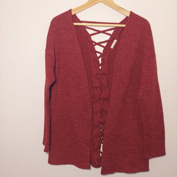 Heart & Hips Burgundy Lace-Up Back Cardigan | Open Front Knit Sweater Size S - Picture 2 of 9